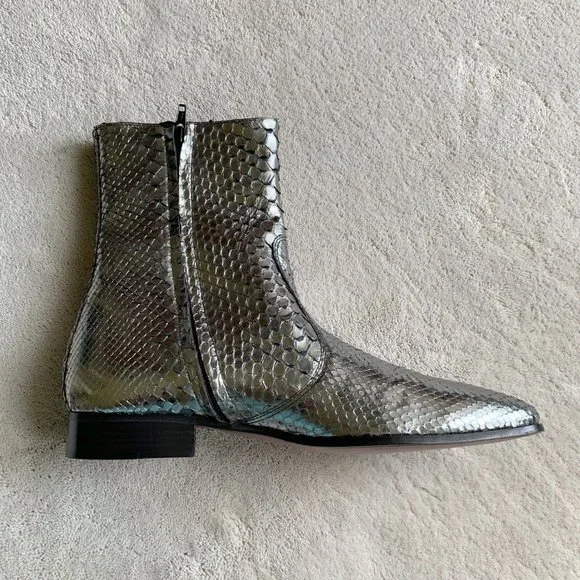 NIB JEAN-MICHEL CAZABAT ‘BOWIE’ Silver PYTHON Zip ANKLE BOOTS Size 41 EUR8 US
